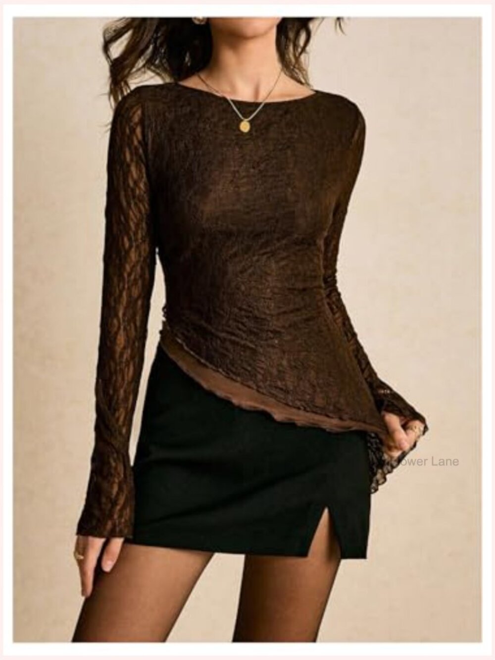 Asymmetrical Lace Bell Long Sleeve Fitted Top, Y2K Sheer Going Out Top - Picture 3 of 5
